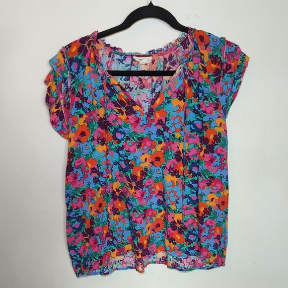 ee:some Colorful Floral V-Neck Blouse Cap Sleeves Size S - Picture 1 of 5